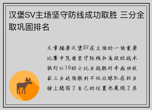 汉堡SV主场坚守防线成功取胜 三分全取巩固排名