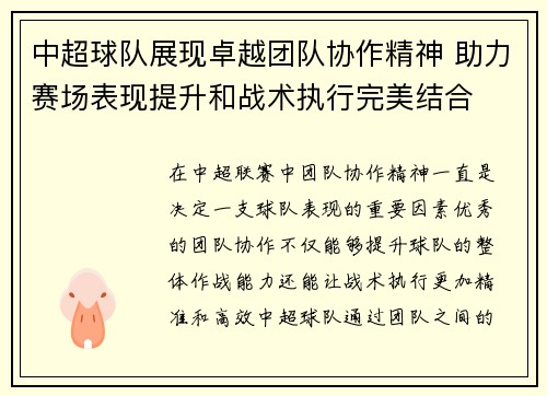 中超球队展现卓越团队协作精神 助力赛场表现提升和战术执行完美结合